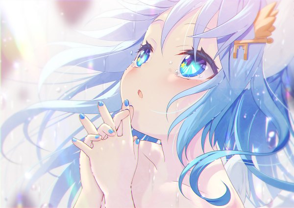 Anime picture 1200x848 with original yano mitsuki single long hair blush fringe open mouth blue eyes hair between eyes bare shoulders blue hair nail polish nude blurry :o tears looking up rain face hands clasped
