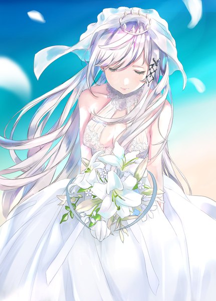 Anime picture 1000x1390 with azur lane dunkerque (azur lane) suono single long hair tall image blush fringe breasts simple background bare shoulders holding payot silver hair eyes closed wind lips blurry gradient background blue background