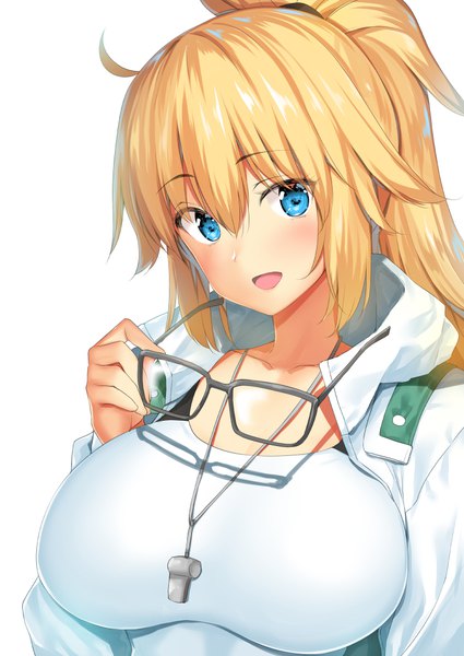 Anime picture 752x1062 with fate (series) fate/grand order jeanne d'arc (fate) (all) jeanne d'arc (swimsuit archer) body mahattaya ginga single long hair tall image looking at viewer blush fringe breasts open mouth blue eyes light erotic blonde hair simple background smile hair between eyes large breasts