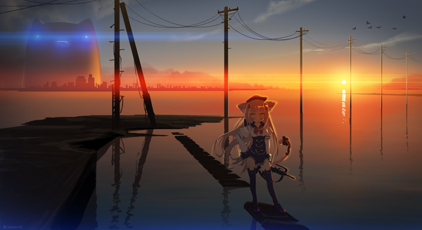 Anime picture 1980x1080 with original saeki sorenari long hair looking at viewer highres blue eyes blonde hair smile wide image standing animal ears sky cloud (clouds) tail animal tail sunlight cat ears cat girl cat tail city