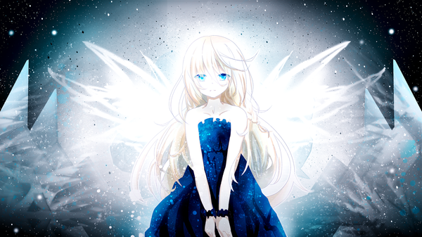Anime picture 2300x1294 with vocaloid ia (vocaloid) suzuair (bellsuzu) single long hair highres blue eyes blonde hair wide image bare shoulders girl dress