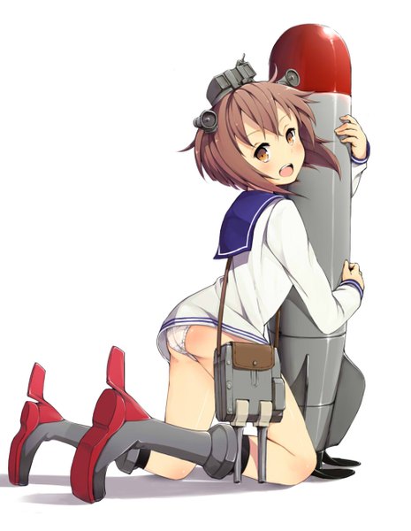 Anime picture 1007x1300 with kantai collection yukikaze destroyer mafu9 single tall image looking at viewer blush short hair open mouth light erotic simple background brown hair white background holding brown eyes full body kneeling girl underwear panties