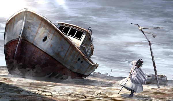 Anime picture 1532x900 with original haru (ryosios) ryosios single long hair wide image standing looking away sky silver hair cloud (clouds) full body outdoors from behind shadow sleeveless desert abandoned girl dress