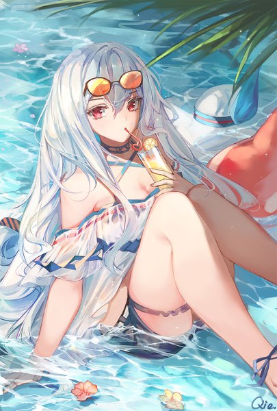Anime picture 810x1200 with arknights skadi (arknights) skadi (waverider) (arknights) qie single long hair tall image fringe hair between eyes red eyes signed silver hair arm support bare legs partially submerged official alternate costume sunglasses on head hat removed headwear removed drinking