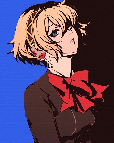 Anime picture 864x1080 with persona 3 persona aegis moshimoshibe single tall image looking at viewer fringe short hair blue eyes simple background blonde hair upper body parted lips hair over one eye portrait high contrast girl uniform bow