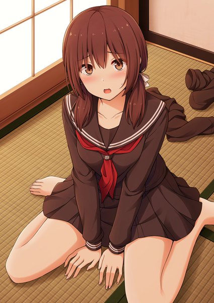 Anime picture 752x1062 with original nakamura sumikage single long hair tall image looking at viewer blush fringe open mouth hair between eyes brown hair sitting twintails brown eyes payot full body bent knee (knees) indoors pleated skirt barefoot