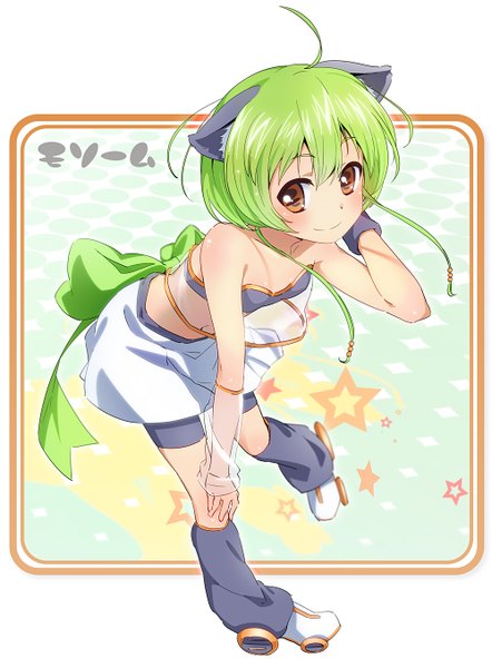 Anime picture 1000x1355 with original bun150 single tall image looking at viewer blush short hair smile bare shoulders brown eyes animal ears ahoge green hair cat ears girl bow detached sleeves shorts wristlet roller skates