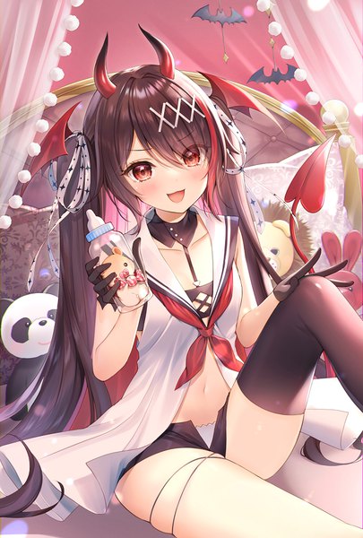 Anime picture 650x962 with virtual youtuber noripro ouma kirara momoshiki tsubaki single tall image looking at viewer open mouth light erotic black hair red eyes twintails tail very long hair :d multicolored hair horn (horns) official art bare belly streaked hair