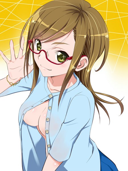 Anime picture 675x900 with original saitoyu00 single long hair tall image looking at viewer breasts light erotic brown hair green eyes open clothes partially open clothes girl glasses cardigan