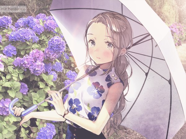 Anime-Bild 1024x766 mit original ancotaku our happiness single long hair looking at viewer blush open mouth brown hair brown eyes upper body from above sleeveless floral print wavy hair low ponytail photo background girl flower (flowers) earrings