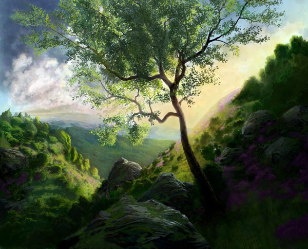 Anime picture 7126x5749 with original mrasmussen (artist) highres absurdres mountain landscape nature plant (plants) tree (trees) grass