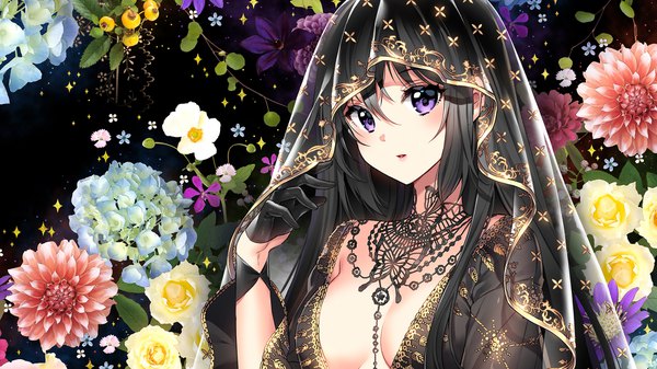 Anime picture 2000x1125 with original nardack single long hair looking at viewer blush fringe highres breasts light erotic black hair simple background hair between eyes wide image purple eyes payot cleavage upper body parted lips sideboob