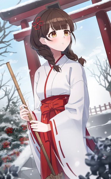Anime picture 1500x2410 with original gya (144) single long hair tall image blush brown hair yellow eyes looking away outdoors braid (braids) traditional clothes japanese clothes twin braids winter snow miko girl flower (flowers) torii