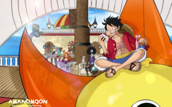 Anime picture 11112x6920 with one piece toei animation nami (one piece) monkey d. luffy sanji tony tony chopper brook (one piece) thousand sunny den den mushi amanomoon long hair fringe highres short hair open mouth black hair blonde hair smile hair between eyes wide image
