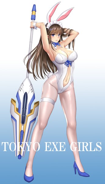 Anime picture 1159x2015 with tokyo exe girls re:shimashima single long hair tall image blush breasts blue eyes light erotic brown hair cleavage inscription midriff copyright name girl navel weapon pantyhose headdress maid headdress