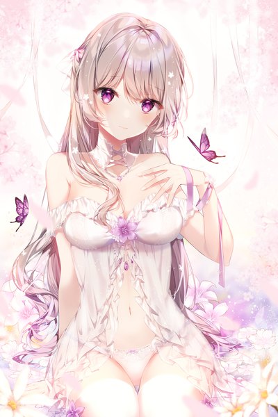 Anime picture 1417x2125 with original taya oco single long hair tall image looking at viewer blush fringe breasts light erotic large breasts sitting bare shoulders silver hair head tilt pink eyes off shoulder arm support cherry blossoms hand on chest