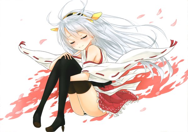 Anime picture 2000x1410 with kantai collection hibiki destroyer azuuru single long hair blush highres light erotic smile ahoge white hair eyes closed traditional clothes japanese clothes wide sleeves pantyshot pantyshot sitting cosplay girl skirt