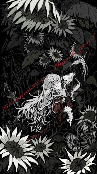 Anime picture 1152x2048 with bloodborne from software lady maria of the astral clocktower plain doll soldalepaz11 long hair tall image fringe hair between eyes multiple girls eyes closed monochrome spot color hat over eyes girl flower (flowers) 2 girls hat