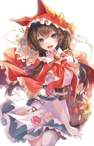Anime picture 740x1136 with little red riding hood little red riding hood (character) develop2 single long hair tall image looking at viewer blush fringe breasts open mouth simple background smile hair between eyes brown hair standing white background green eyes cleavage braid (braids)