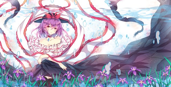 Anime picture 1920x977 with touhou nagae iku domotolain single looking at viewer highres short hair red eyes wide image purple hair girl thighhighs flower (flowers) bow ribbon (ribbons) black thighhighs plant (plants) hat grass