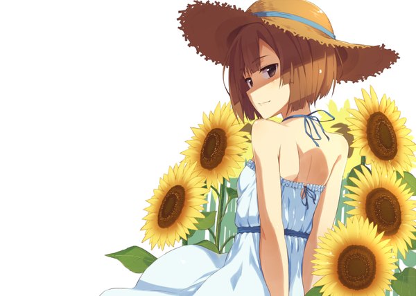 Anime picture 1539x1100 with original kinta (distortion) single looking at viewer blush fringe short hair simple background smile brown hair white background bare shoulders brown eyes upper body blunt bangs looking back from behind back shaded face hands behind back