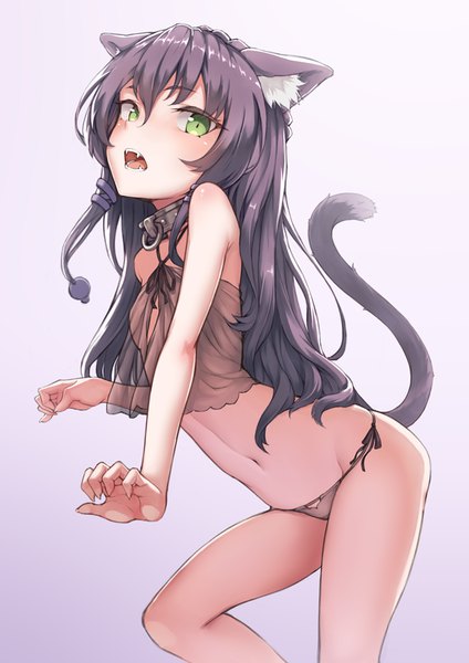 Anime picture 626x885 with isekai maou to shoukan shoujo no dorei majutsu rem galeu ryuinu single long hair tall image blush fringe open mouth light erotic black hair simple background hair between eyes standing bare shoulders green eyes animal ears tail animal tail looking back