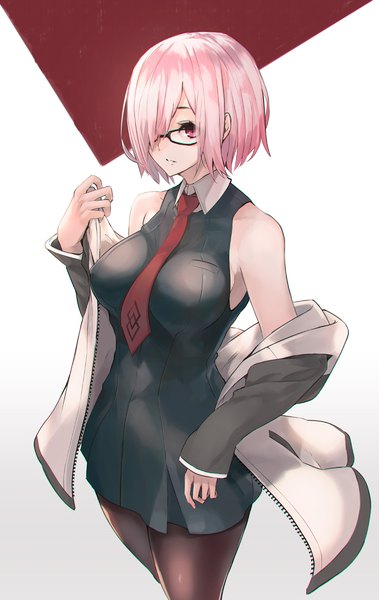 Anime picture 695x1100 with fate (series) fate/grand order mash kyrielight mille (dieci) single tall image fringe short hair breasts light erotic simple background large breasts standing bare shoulders looking away pink hair pink eyes hair over one eye off shoulder covered nipples