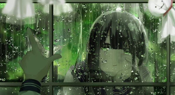 Anime picture 3296x1797 with original yuzua single long hair looking at viewer fringe highres black hair wide image green eyes blunt bangs reflection rain pov chin rest green background female pov bored girl uniform