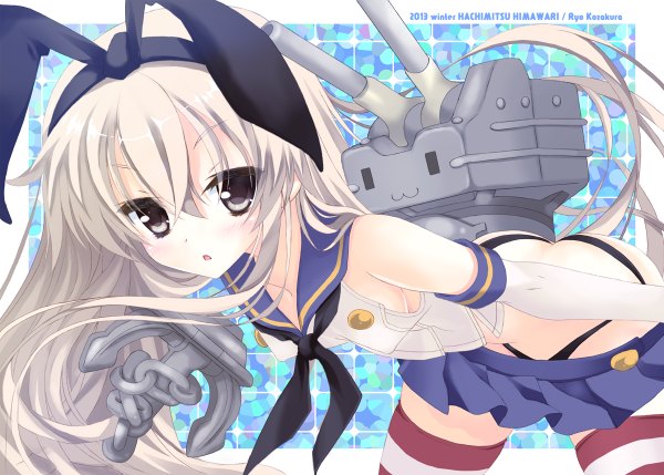 Anime picture 1200x858 with kantai collection shimakaze destroyer rensouhou-chan kozakura ryou (artist) single long hair looking at viewer open mouth light erotic white hair grey hair girl thighhighs gloves underwear panties bow weapon hair bow miniskirt