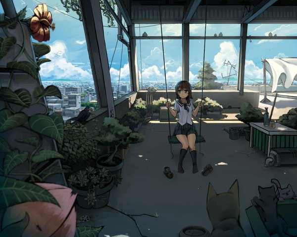 Anime picture 1500x1200 with original rai32019 short hair brown hair sitting sky cloud (clouds) sunlight no shoes city cityscape girl thighhighs skirt uniform flower (flowers) black thighhighs plant (plants) school uniform animal