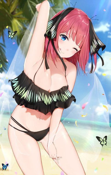 Anime picture 1307x2048 with go-toubun no hanayome nakano nino uiri-na single tall image looking at viewer blush fringe short hair breasts blue eyes light erotic smile large breasts standing bare shoulders holding outdoors red hair head tilt