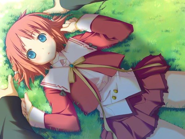 Anime picture 1600x1200 with happy margaret amagahara inaho kokonoka short hair blue eyes game cg red hair lying girl skirt uniform plant (plants) school uniform grass