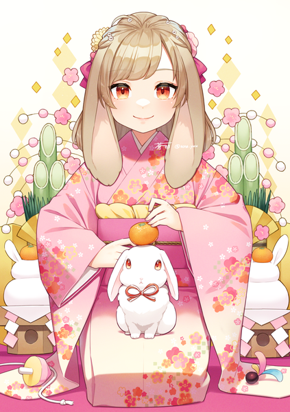Anime picture 1020x1447 with original aona (noraneko) single long hair tall image looking at viewer blonde hair smile red eyes sitting animal ears traditional clothes japanese clothes bunny ears bunny girl new year seiza girl animal kimono