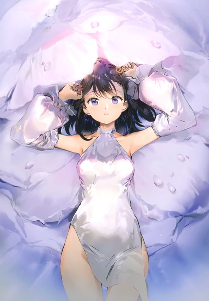 Anime picture 2406x3464 with original visions anmi single long hair tall image looking at viewer blush fringe highres open mouth light erotic black hair purple eyes bare shoulders payot lying from above scan arms up