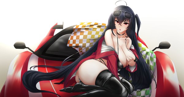 Anime picture 7763x4093 with azur lane taihou (azur lane) taihou (enraptured companion) (azur lane) arturaxia single looking at viewer blush fringe highres open mouth light erotic black hair simple background hair between eyes red eyes wide image sitting absurdres ahoge very long hair