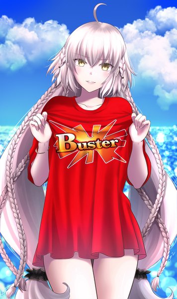 Anime picture 713x1200 with fate (series) fate/grand order jeanne d'arc (fate) (all) jeanne d'arc alter (fate) sushimaro (meganekureyo) single tall image looking at viewer blush fringe smile hair between eyes standing twintails holding yellow eyes payot sky silver hair cloud (clouds)