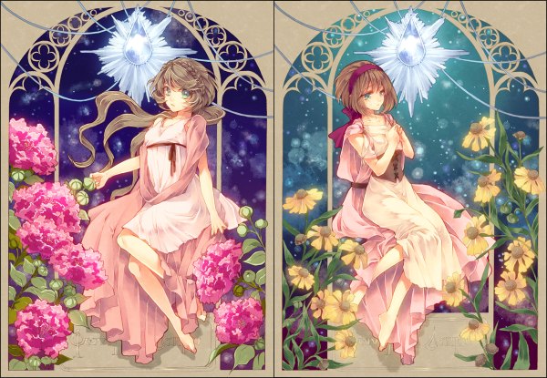 Anime picture 1200x830 with original urita long hair looking at viewer short hair blue eyes brown hair sitting multiple girls barefoot legs multiview girl dress flower (flowers) 2 girls plant (plants) hairband crystal