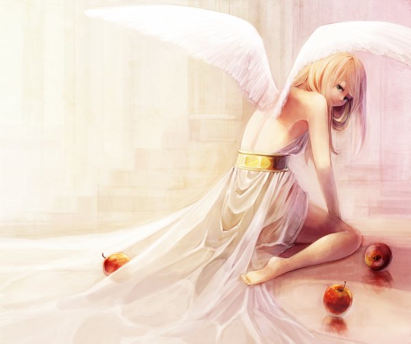 Anime picture 1500x1259 with original aka tonbo (lovetow) single long hair blonde hair sitting bare shoulders green eyes looking back barefoot back reflection angel wings angel girl wings belt toes apple