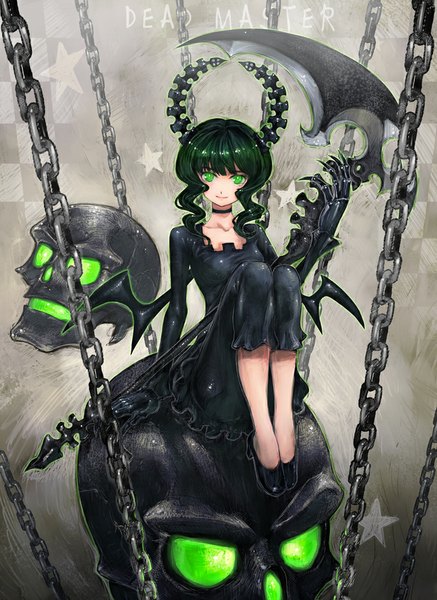Anime picture 729x1000 with black rock shooter dead master boyaking(sbf) single long hair tall image looking at viewer smile sitting green eyes horn (horns) green hair inscription glowing drill hair checkered girl weapon star (symbol) chain