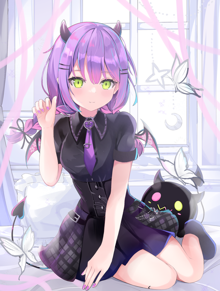 Anime picture 2200x2900 with virtual youtuber hololive tokoyami towa bibi (tokoyami towa) tokoyami towa (school uniform) nekopurin (nyanko prin) single long hair tall image looking at viewer highres sitting green eyes purple hair indoors tail braid (braids) twin braids official alternate costume demon tail