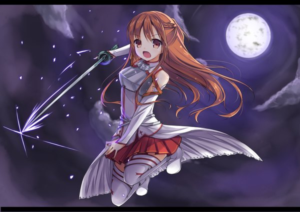 Anime picture 1754x1240 with sword art online a-1 pictures yuuki asuna amemiya ruki single long hair highres brown hair brown eyes girl thighhighs skirt weapon detached sleeves miniskirt white thighhighs sword moon