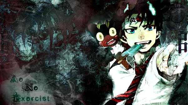 Anime picture 1920x1080 with ao no exorcist a-1 pictures okumura rin kuro (ao no exorcist) highres short hair blue eyes black hair wide image green eyes horn (horns) teeth mouth hold sharp teeth boy animal shirt necktie food sweets
