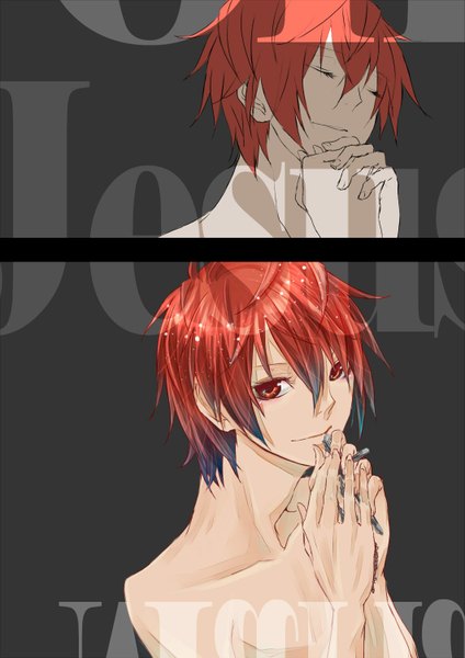 Anime picture 1061x1500 with uta no prince-sama a-1 pictures ittoki otoya chiho tall image short hair red eyes red hair eyes closed light smile grey background multiple persona praying boy cross