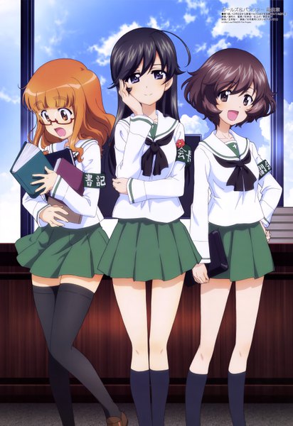 Anime picture 4076x5934 with girls und panzer megami magazine akiyama yukari takebe saori isuzu hana tsujimura roku long hair tall image looking at viewer highres short hair open mouth black hair brown hair multiple girls brown eyes absurdres ahoge black eyes orange hair