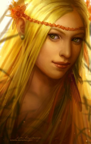Anime picture 575x900 with zolaida (artist) single long hair tall image blonde hair green eyes lips realistic face girl earrings