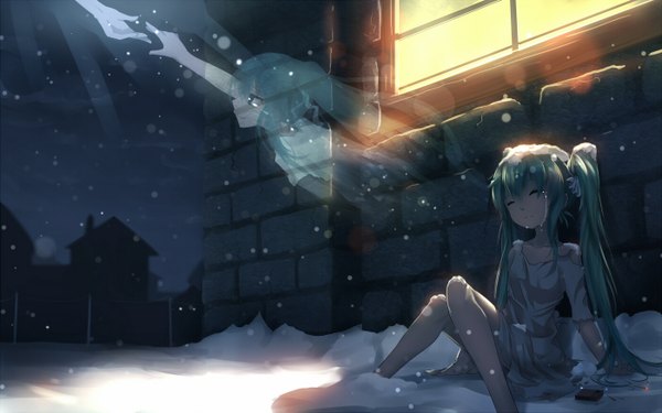 Anime picture 1400x875 with little match girl vocaloid hatsune miku qys3 long hair twintails eyes closed aqua hair night tears light snowing winter snow ghost silhouette brick wall girl window hand
