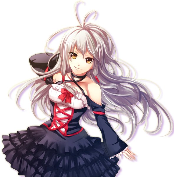Anime picture 1500x1524 with original karo karo single long hair tall image looking at viewer blush simple background smile white background bare shoulders yellow eyes silver hair arms behind head girl dress hair ornament bow ribbon (ribbons) black dress