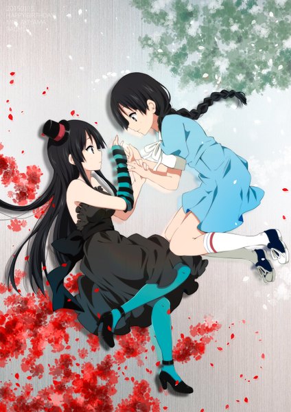 Anime picture 1200x1697 with k-on! kyoto animation akiyama mio ragho no erika long hair tall image black hair multiple girls lying braid (braids) profile black eyes on side girl dress flower (flowers) 2 girls hat petals socks