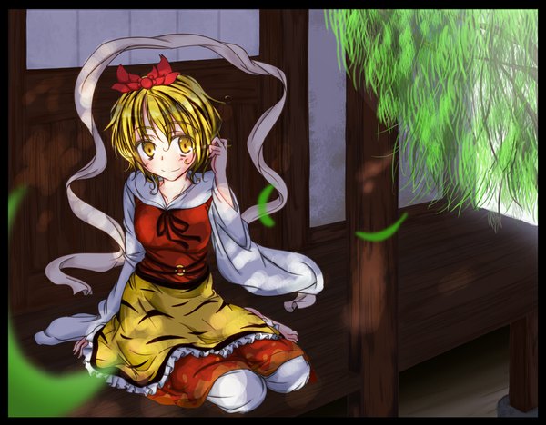 Anime picture 1100x858 with touhou toramaru shou yuuma (noel) single short hair blonde hair yellow eyes girl bow hair bow branch