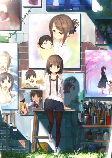 Anime picture 2336x3300 with original eshi 100-nin ten kagome (traumatize) single long hair tall image looking at viewer blush highres brown hair twintails scan painting mother and daughter girl plant (plants) pantyhose shoes shorts grass